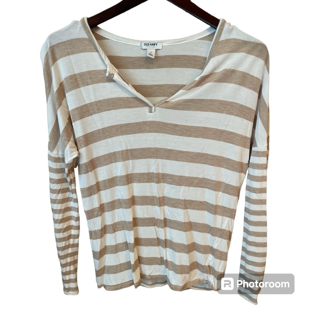 ⚡️ Old Navy Taupe White Striped Long Sleeve Shirt ~ Size S ⚡️